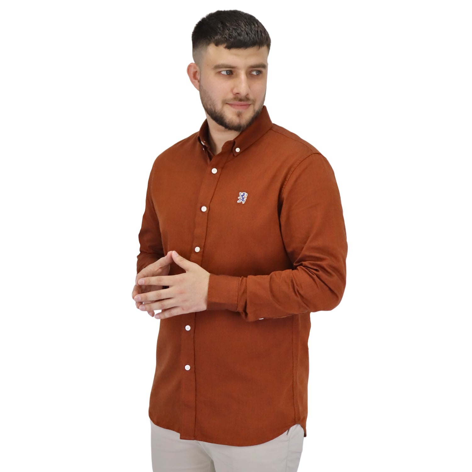 Giordano Men's Cotton Oxford Full Opening Long Sleeve Slim Fit Shirt-Orange