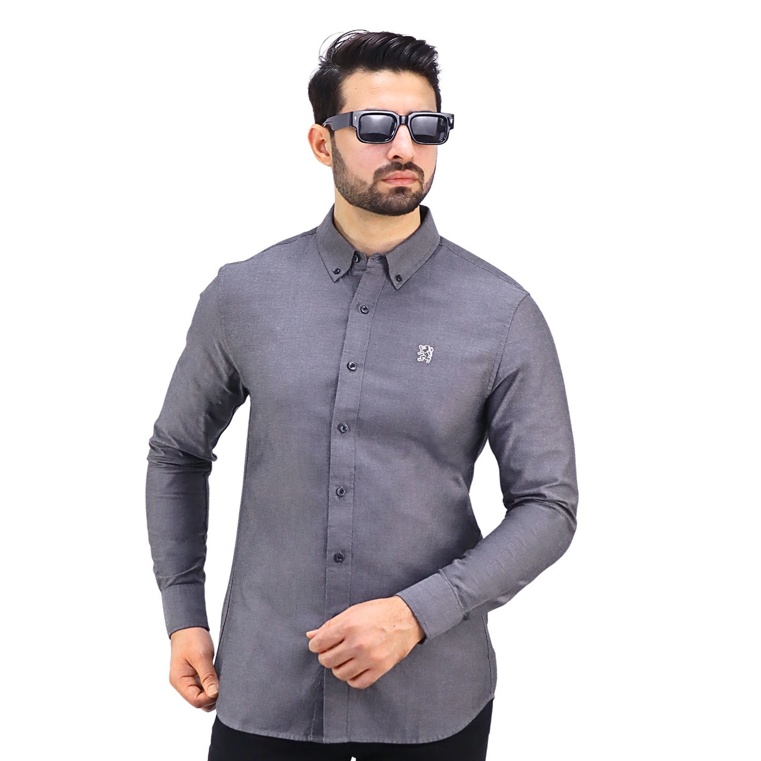 Giordano Men's Cotton Oxford Full Opening Long Sleeve Slim Fit Shirt-Gray