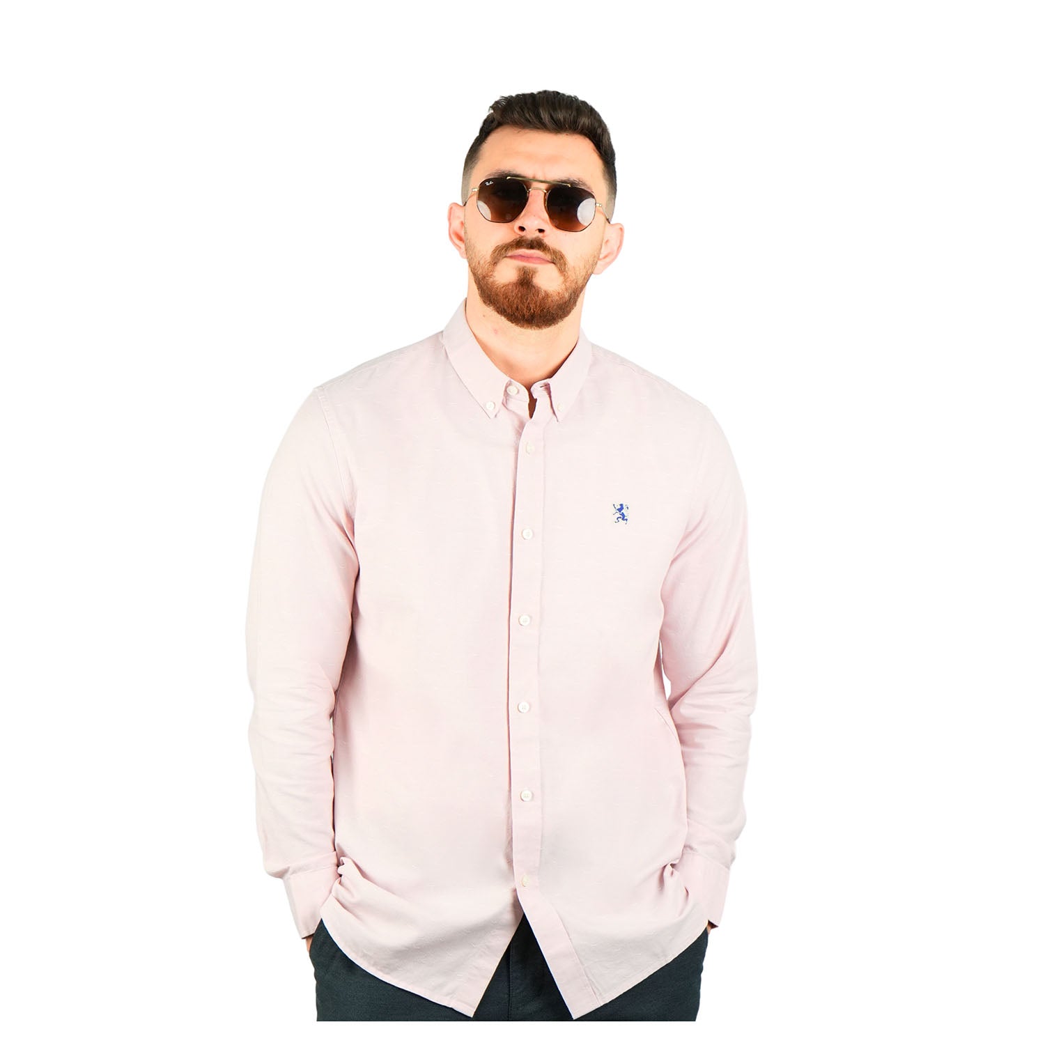 Giordano Men's Cotton Oxford Full Opening Long Sleeve Slim Fit Shirt-Pink