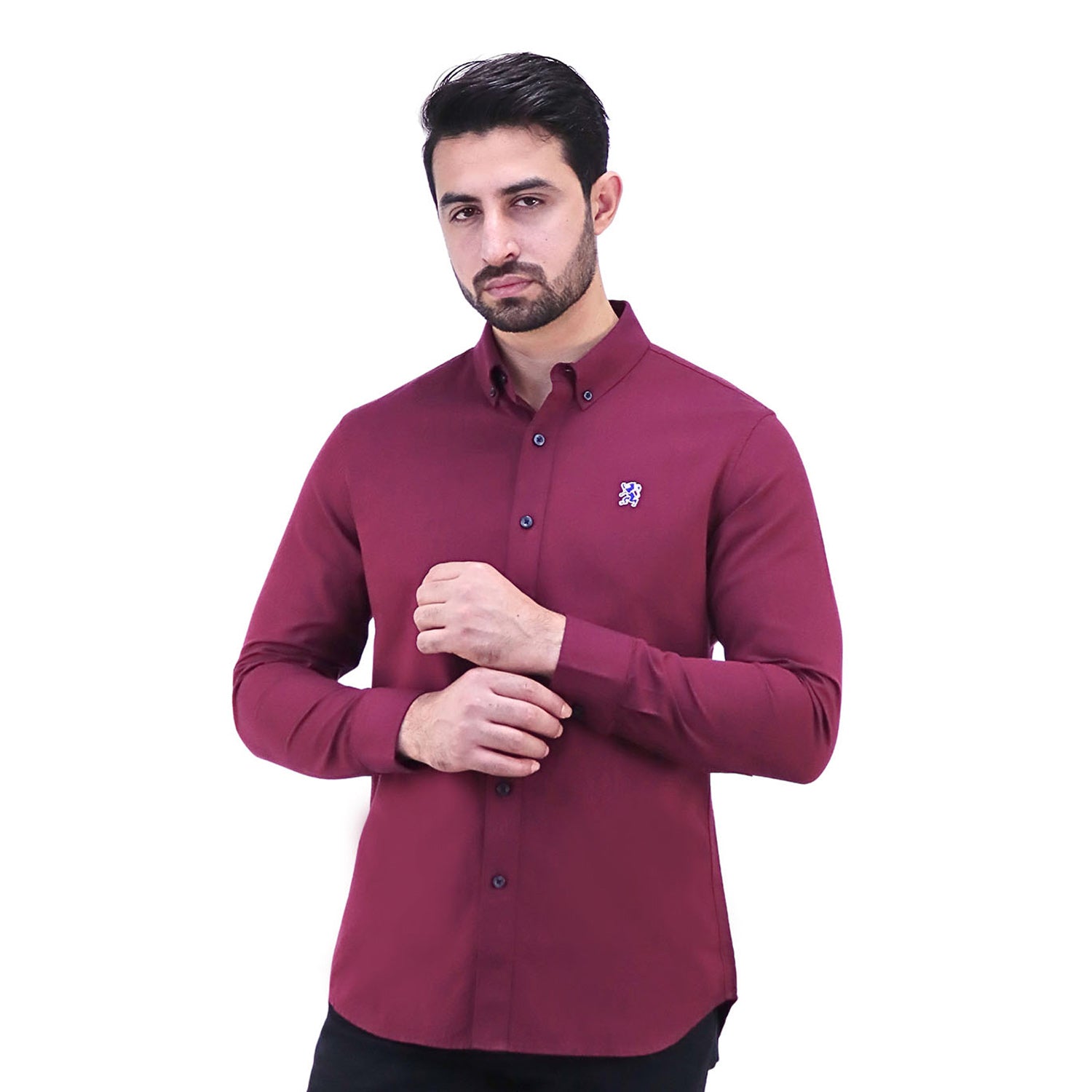 Giordano Men's Cotton Oxford Full Opening Long Sleeve Slim Fit Shirt-Red