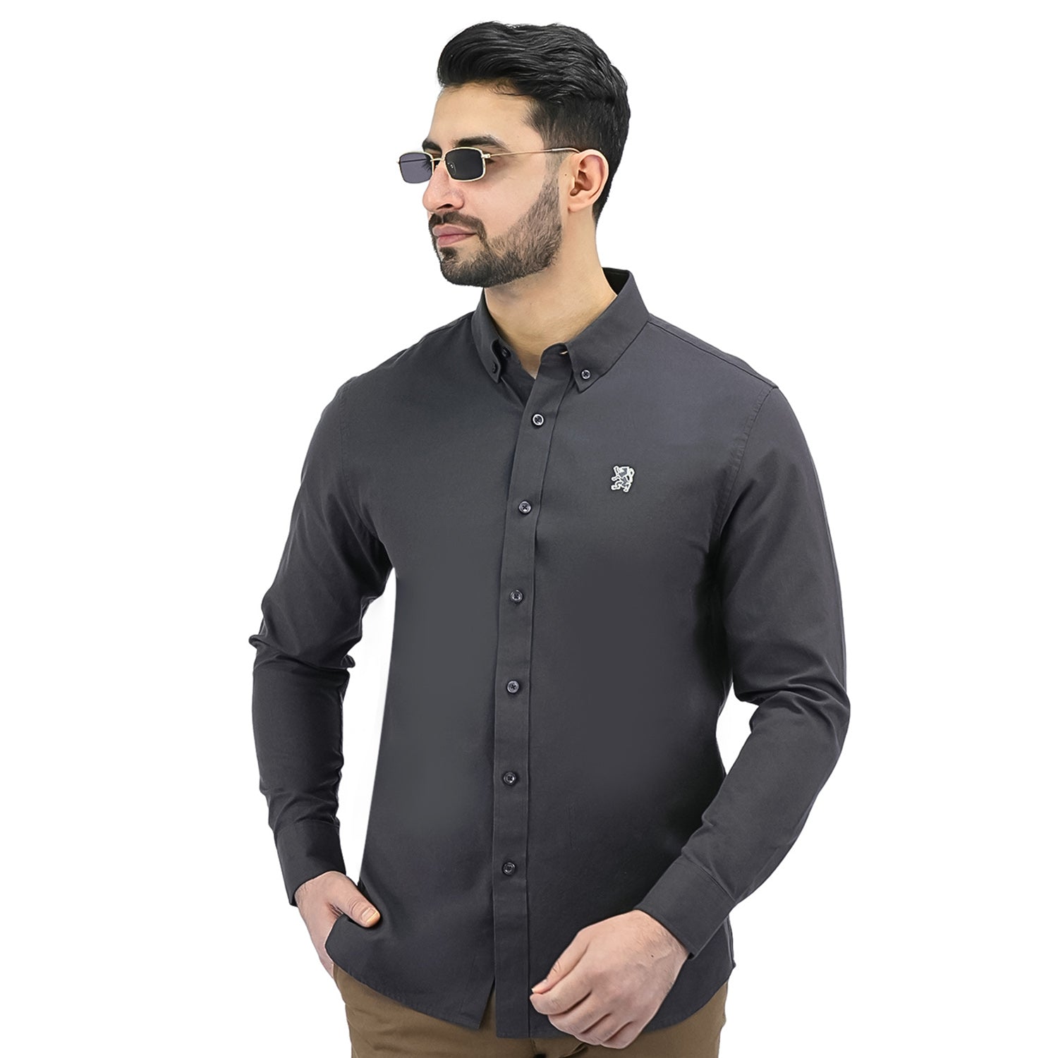 Giordano Men's Cotton Oxford Full Opening Long Sleeve Slim Fit Shirt-Grey