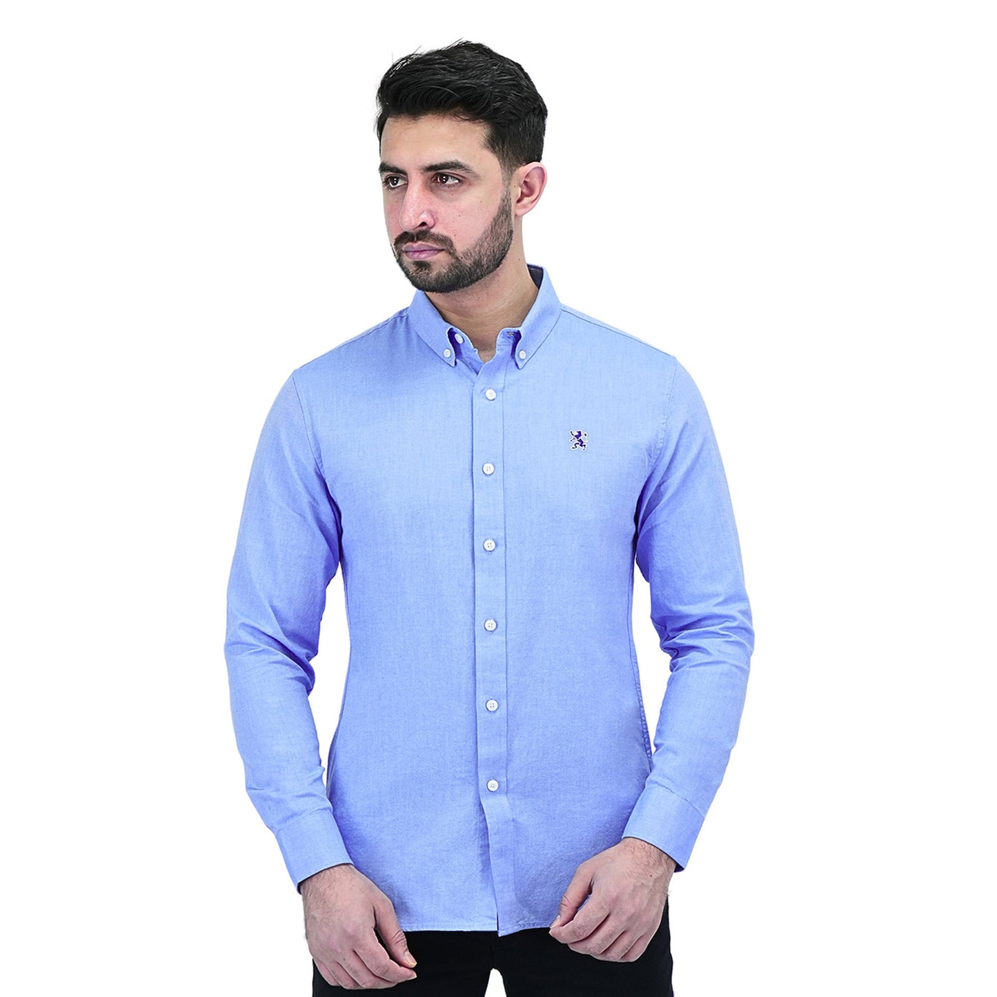 Giordano Men's Cotton Oxford Full Opening Long Sleeve Slim Fit Shirt-Blue