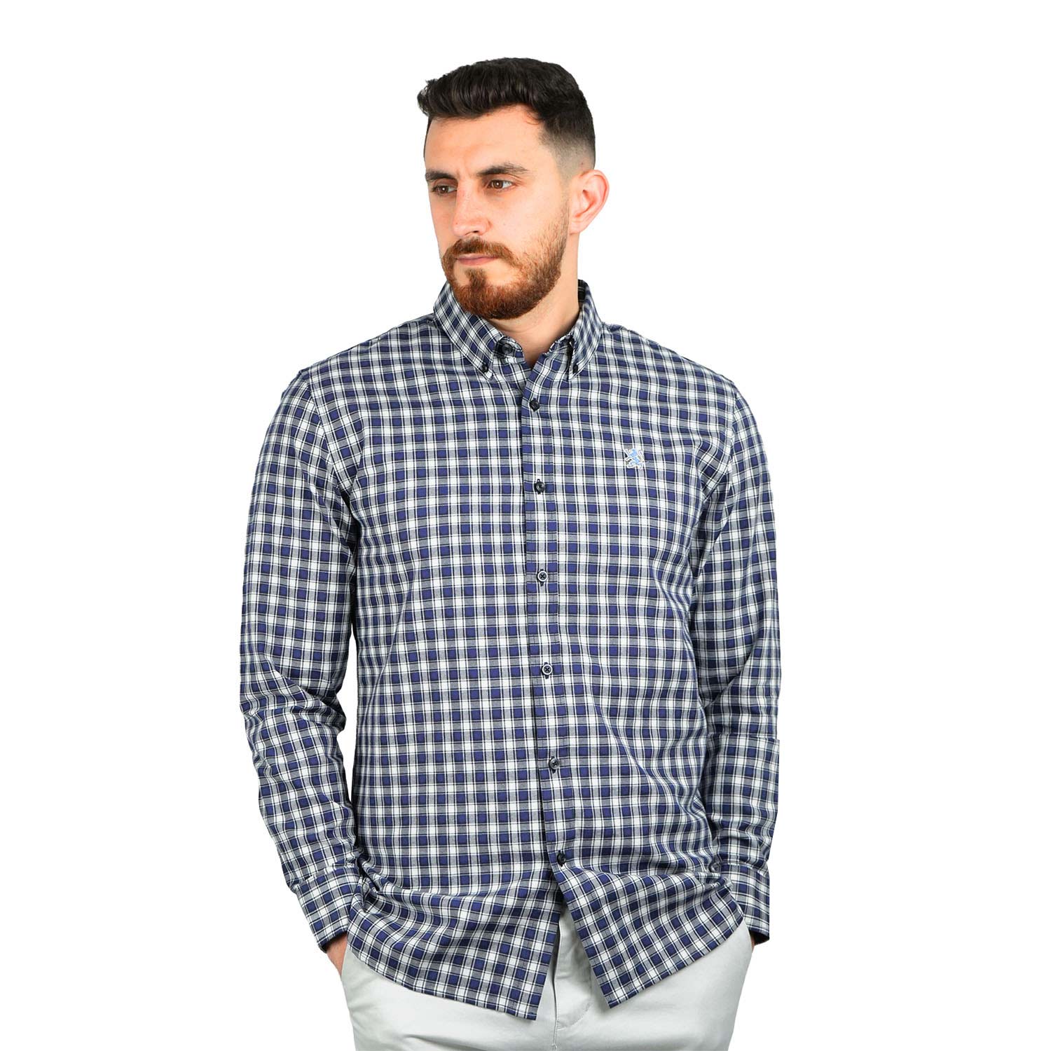 Giordano Men's Shirt with Small Lion Embroidery-Navy x Whi