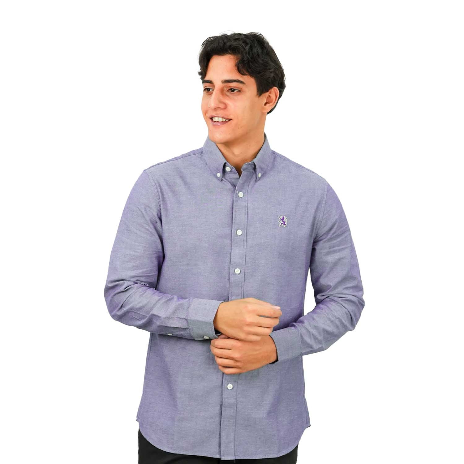 Men's Cotton Oxford Shirt - Small Lion Embroidery, Slim Fit, Full Button