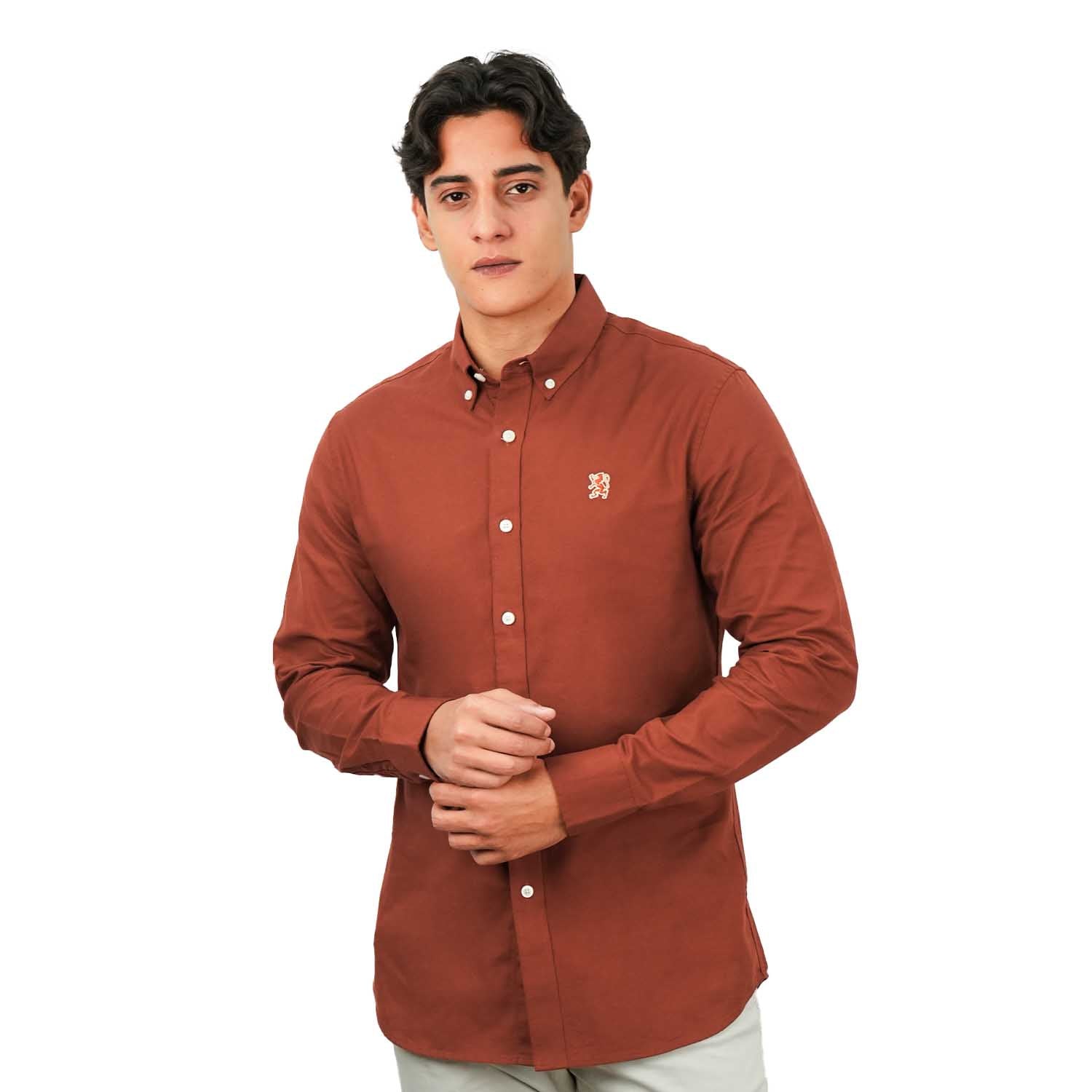 Men's Cotton Oxford Shirt - Small Lion Embroidery, Slim Fit, Full Button