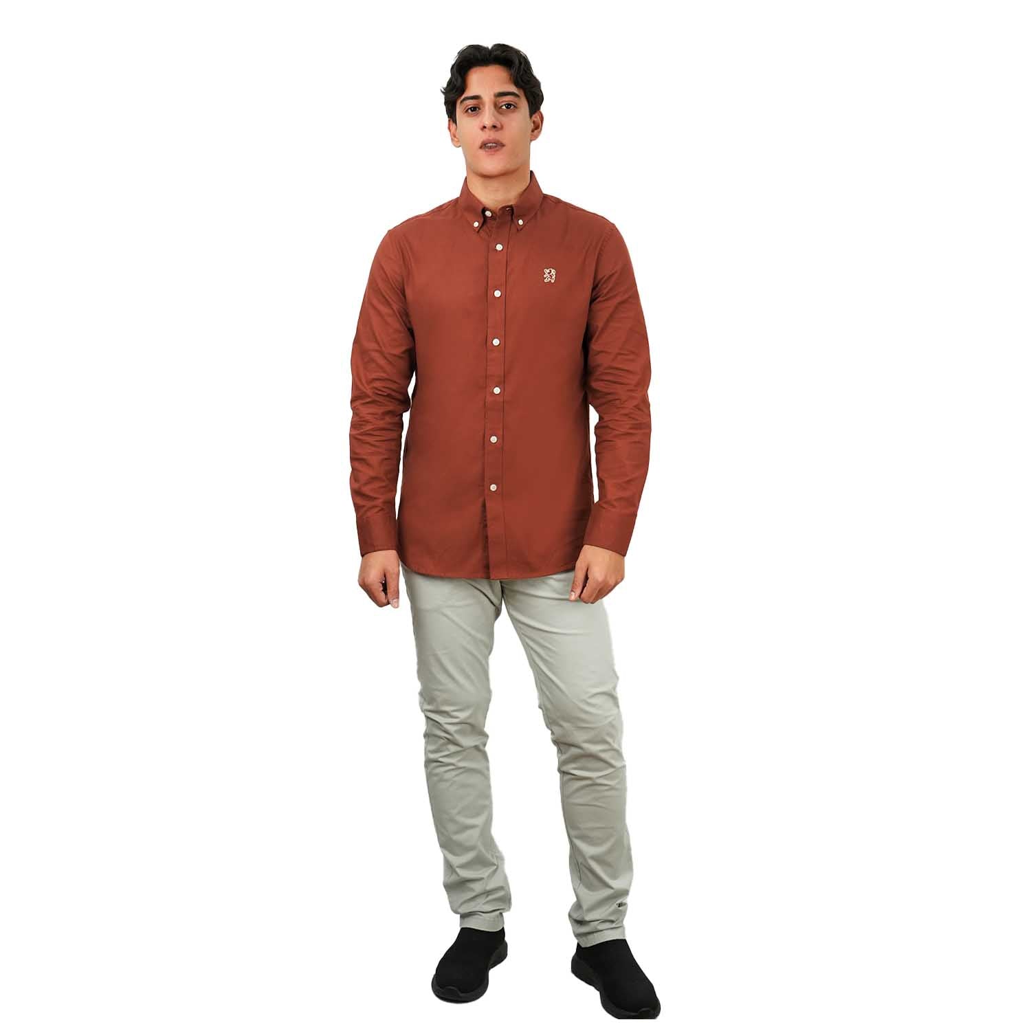 Men's Cotton Oxford Shirt - Small Lion Embroidery, Slim Fit, Full Button