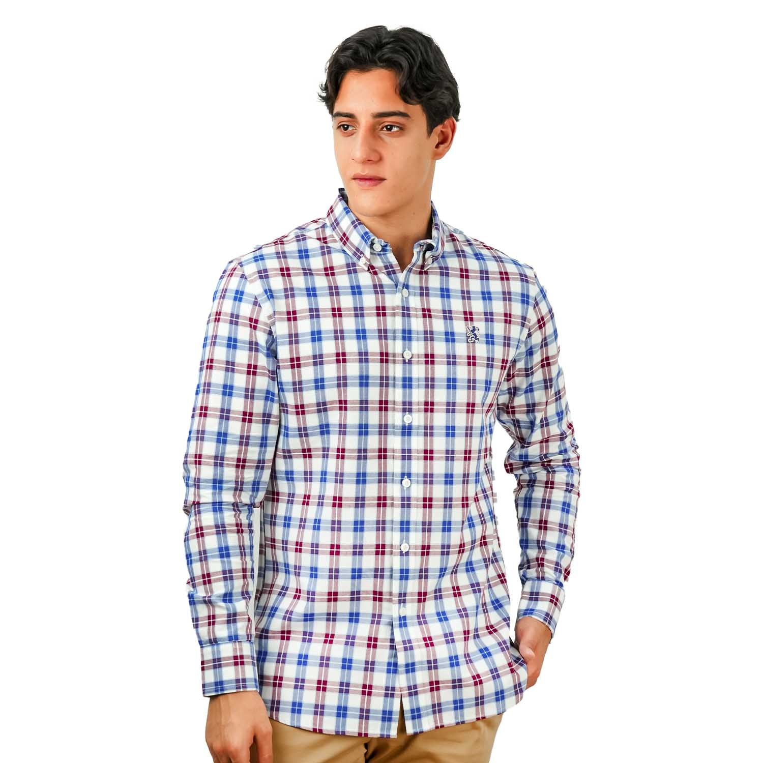 Men's Cotton Oxford Shirt - Small Lion Embroidery, Slim Fit, Full Button
