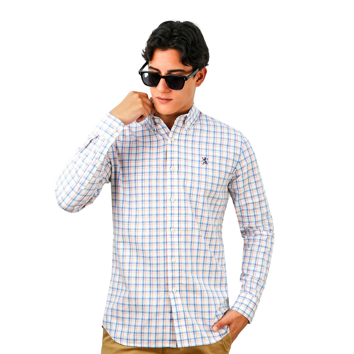 Men's Cotton Oxford Shirt - Small Lion Embroidery, Slim Fit, Full Button