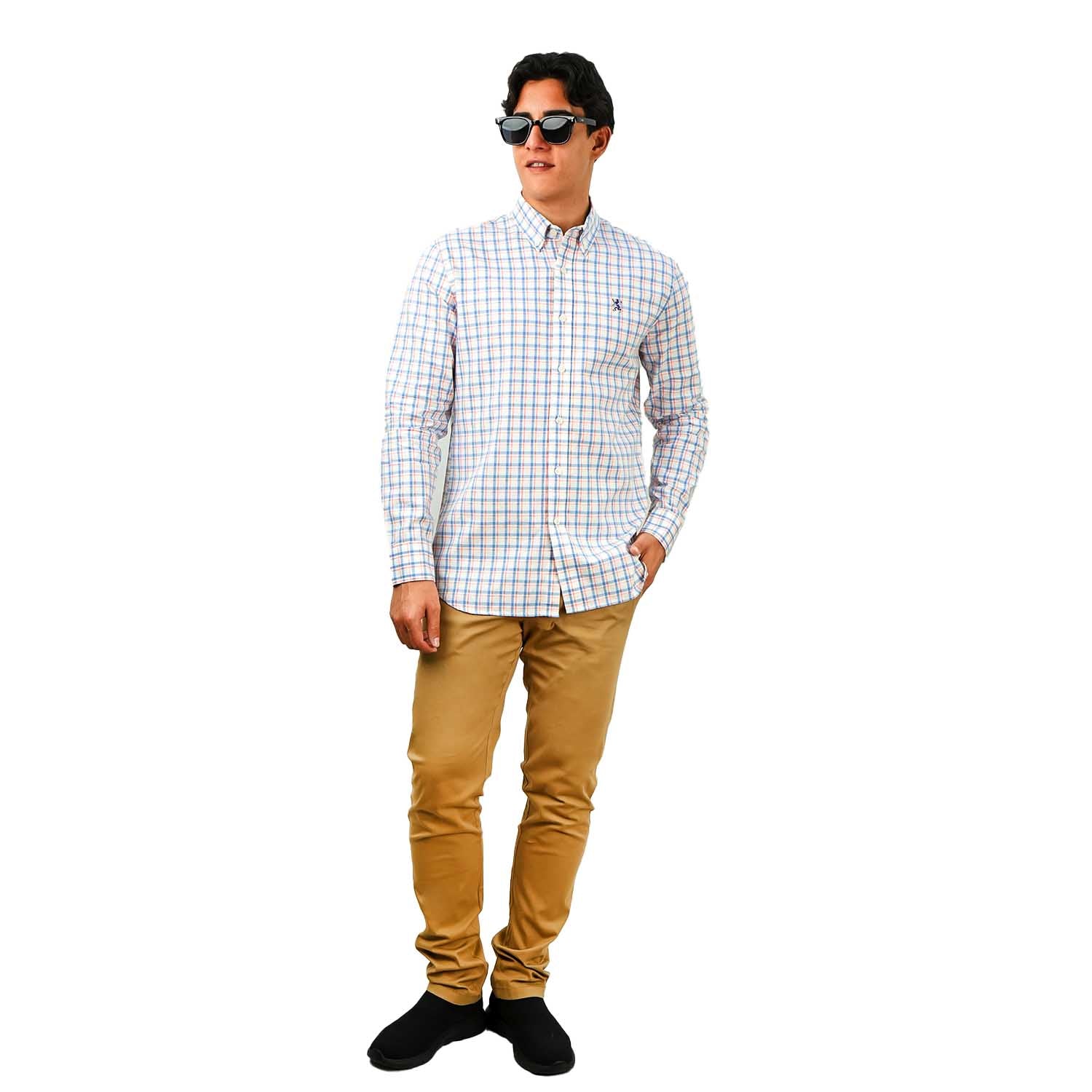 Men's Cotton Oxford Shirt - Small Lion Embroidery, Slim Fit, Full Button