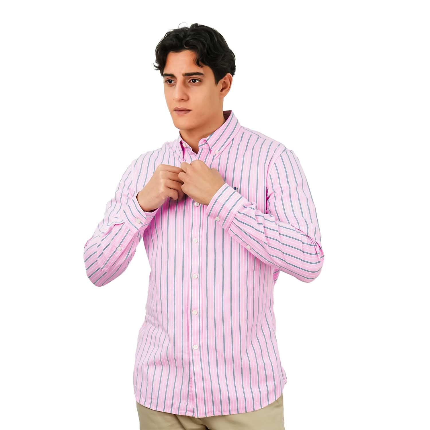 Men's Cotton Oxford Shirt - Small Lion Embroidery, Slim Fit, Full Button