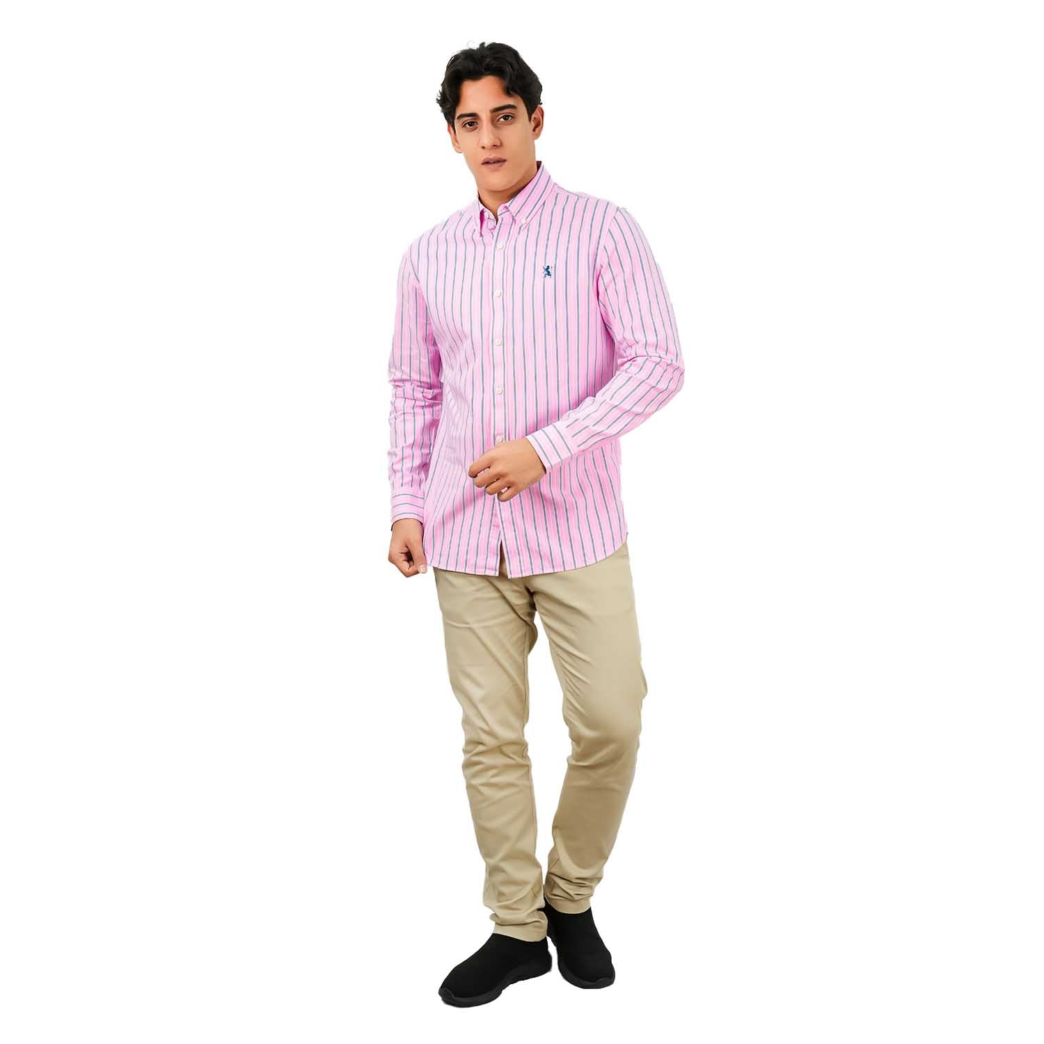 Men's Cotton Oxford Shirt - Small Lion Embroidery, Slim Fit, Full Button