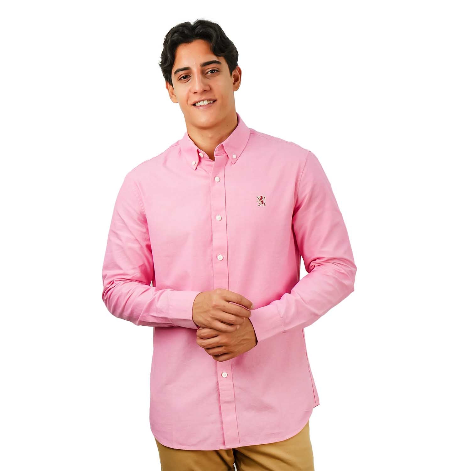 Men's Cotton Oxford Shirt - Small Lion Embroidery, Slim Fit, Full Button