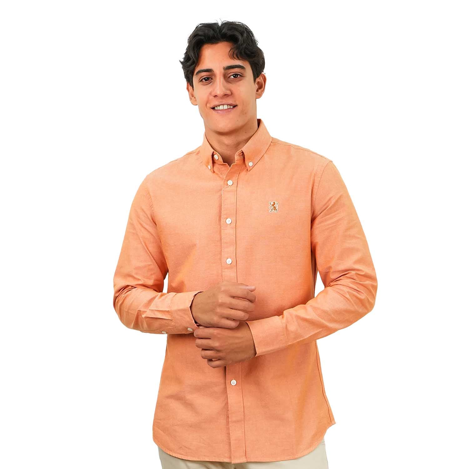 Men's Cotton Oxford Shirt - Small Lion Embroidery, Slim Fit, Full Button