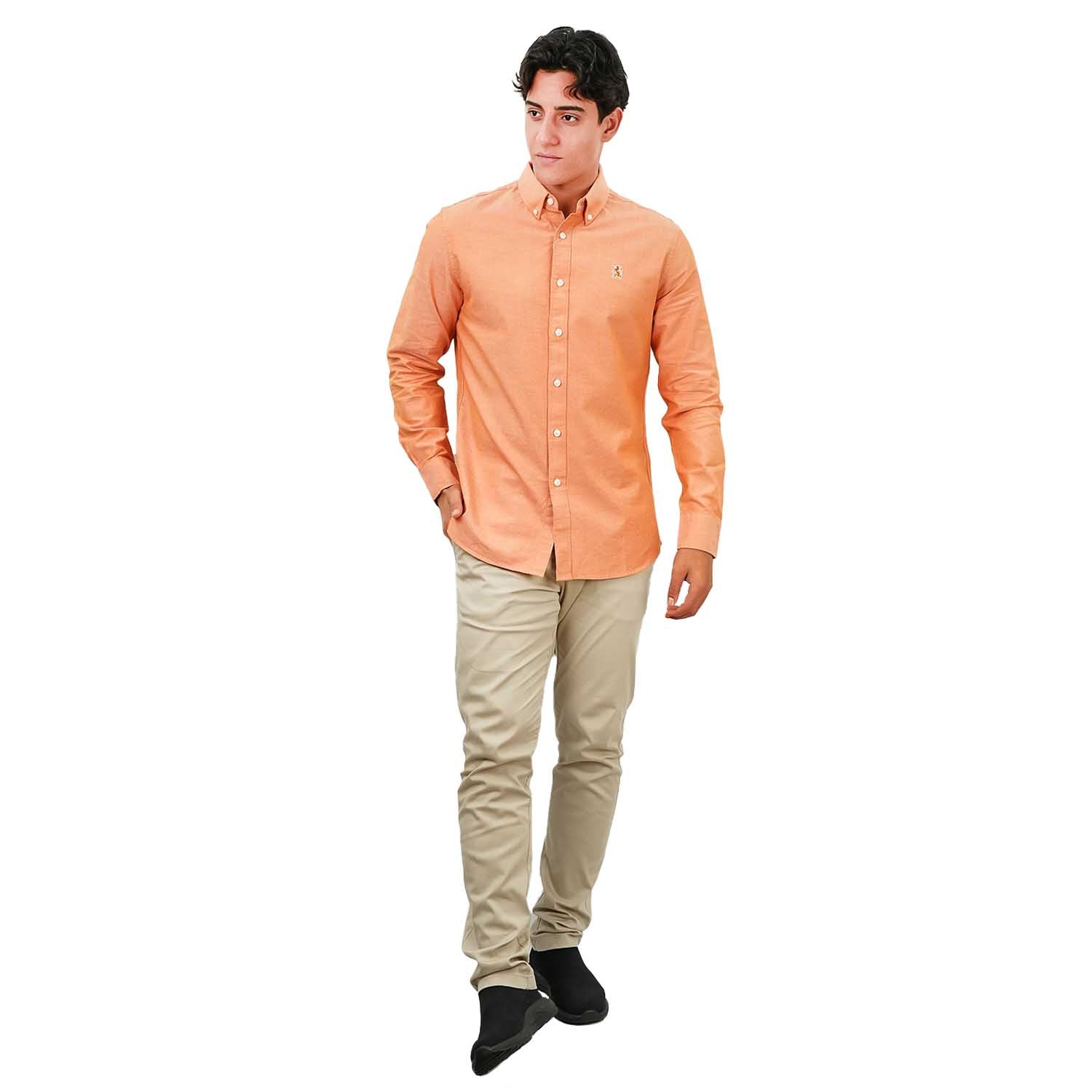 Men's Cotton Oxford Shirt - Small Lion Embroidery, Slim Fit, Full Button