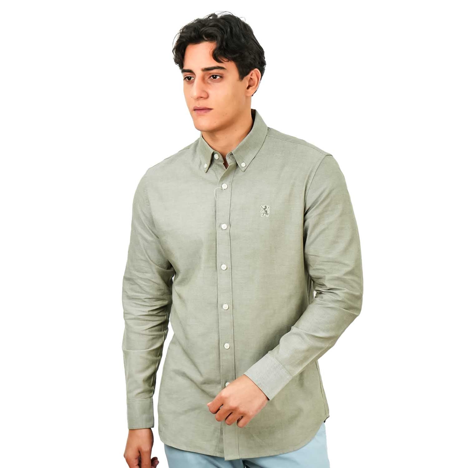 Men's Cotton Oxford Shirt - Small Lion Embroidery, Slim Fit, Full Button