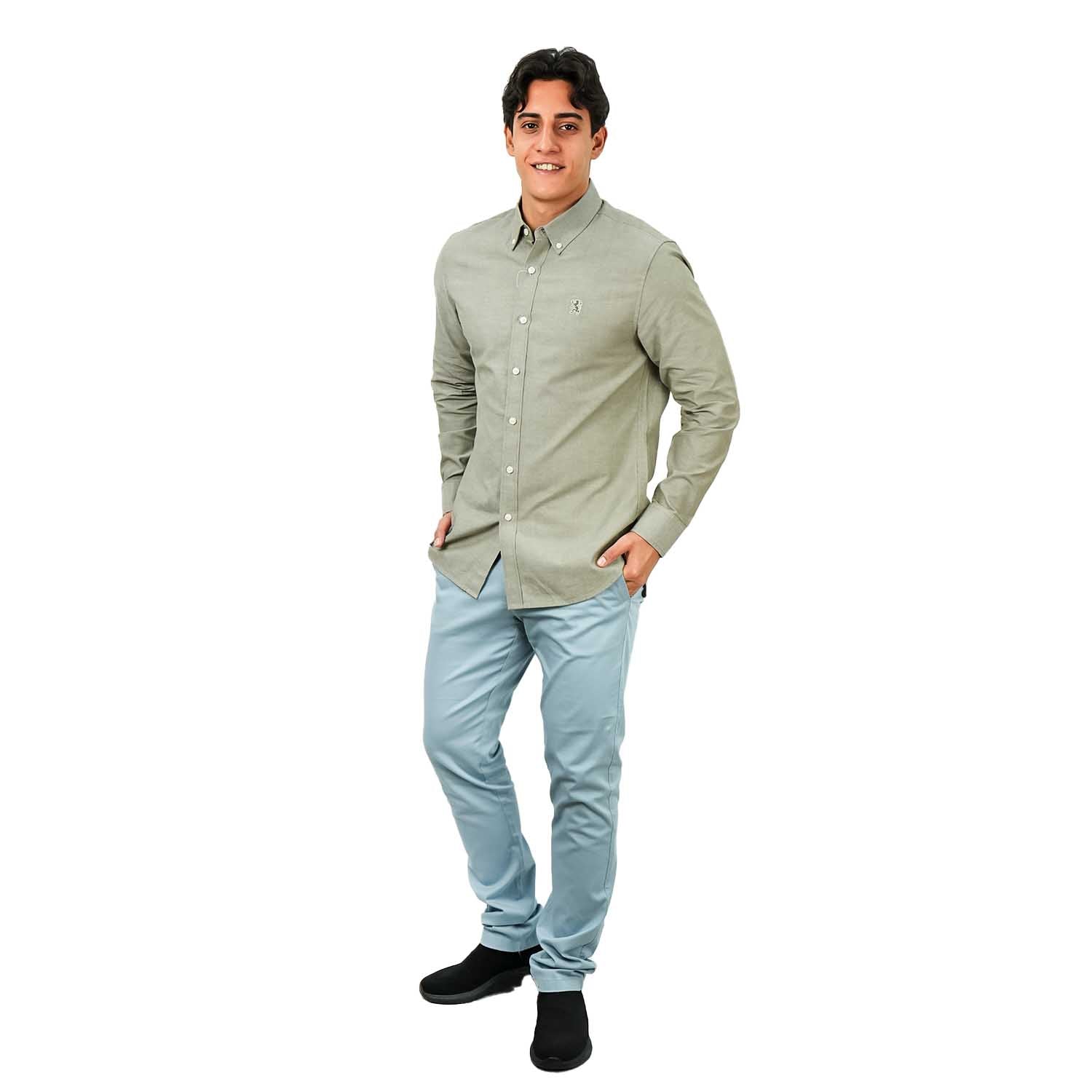 Men's Cotton Oxford Shirt - Small Lion Embroidery, Slim Fit, Full Button
