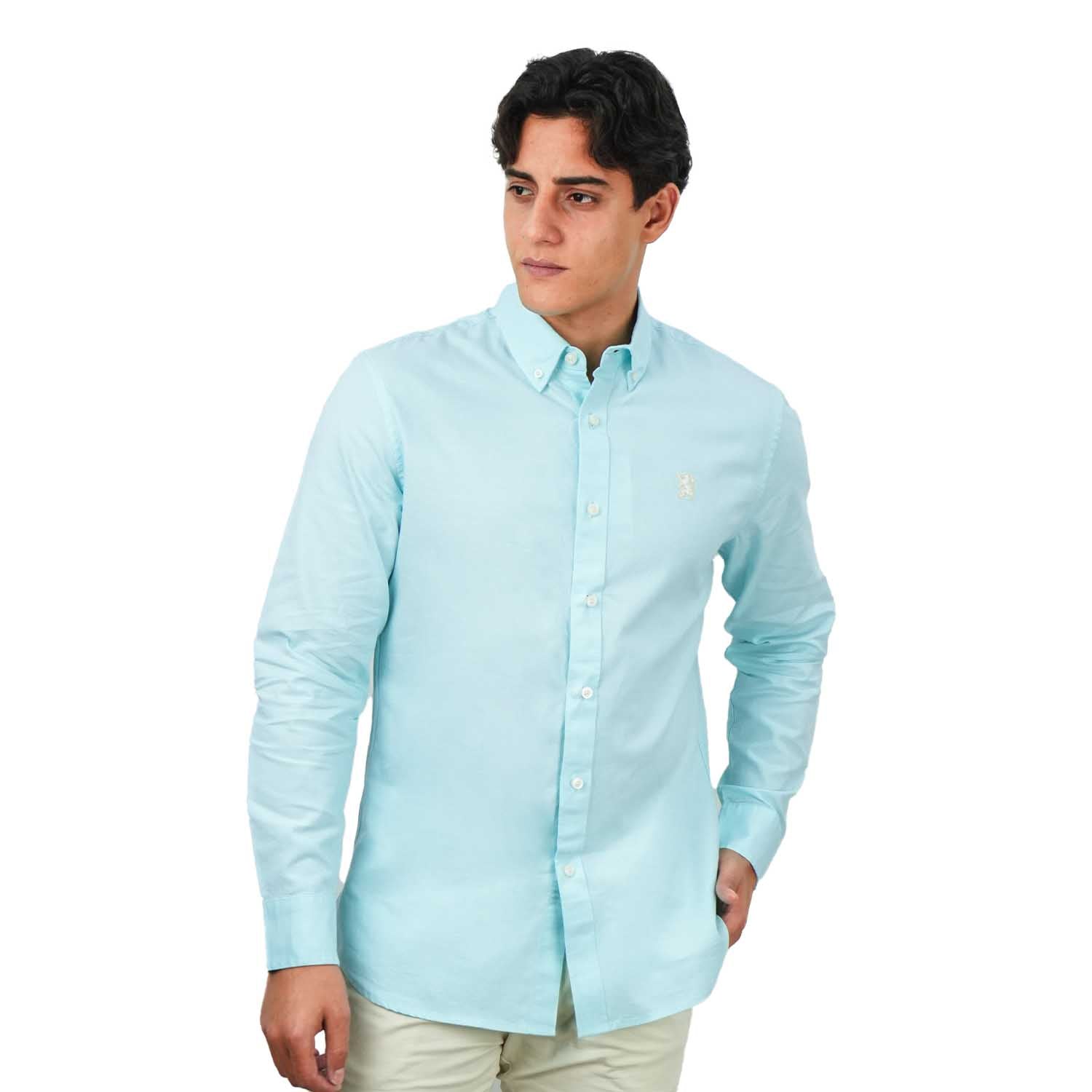 Men's Cotton Oxford Shirt - Small Lion Embroidery, Slim Fit, Full Button