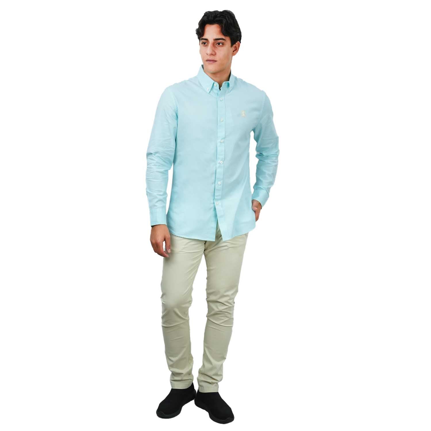 Men's Cotton Oxford Shirt - Small Lion Embroidery, Slim Fit, Full Button