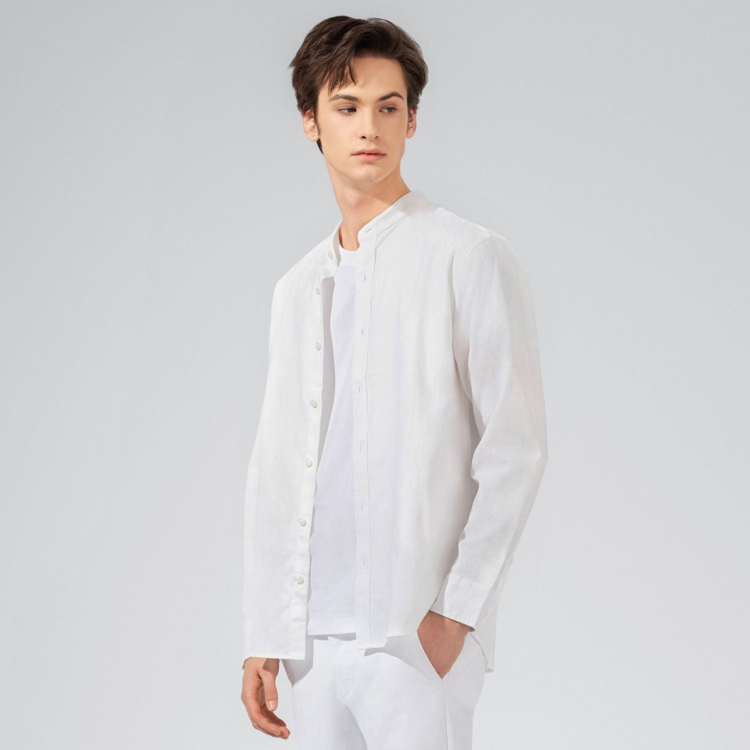 Giordano Men's Linen Poplin Blend Stand Collar Shirt-White