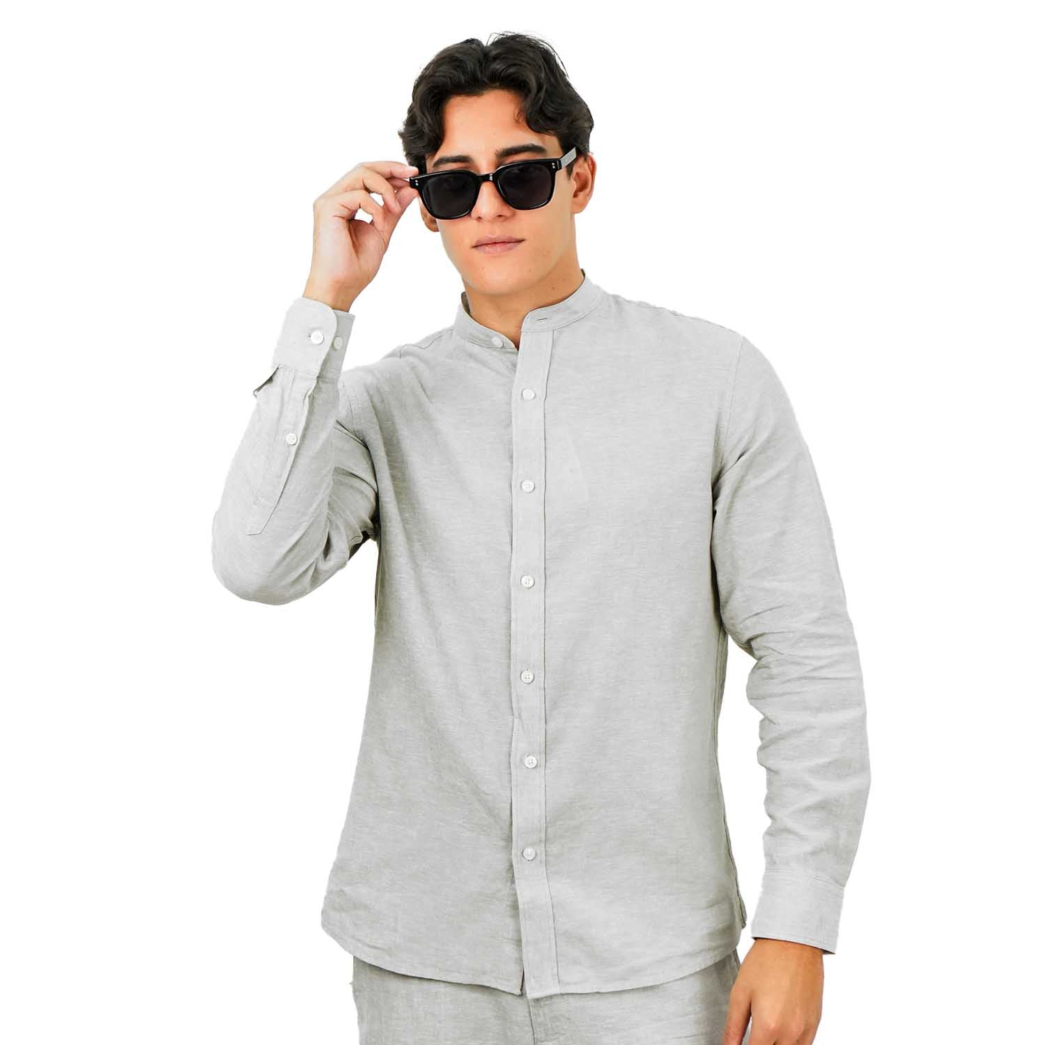 Men's Linen Poplin Blend Stand Collar Shirt