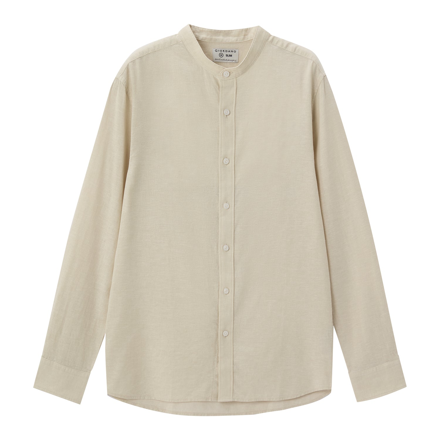 Giordano Men's Linen Poplin Blend Stand Collar Shirt-Beige