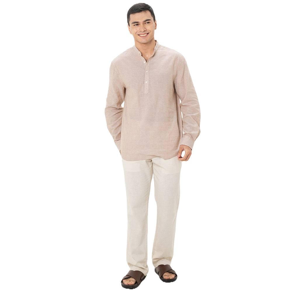Men's Linen Cotton Poplin Shirt | Slim Fit, Band Collar