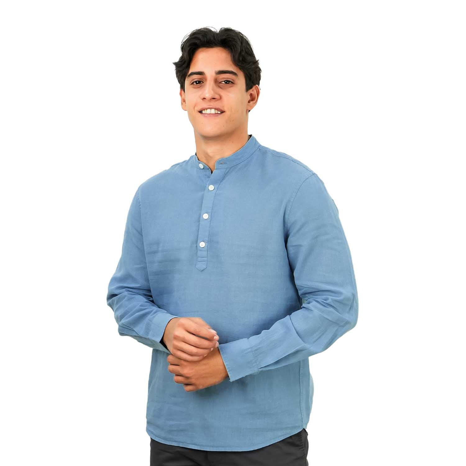 Men's Linen Cotton Poplin Shirt | Slim Fit, Band Collar