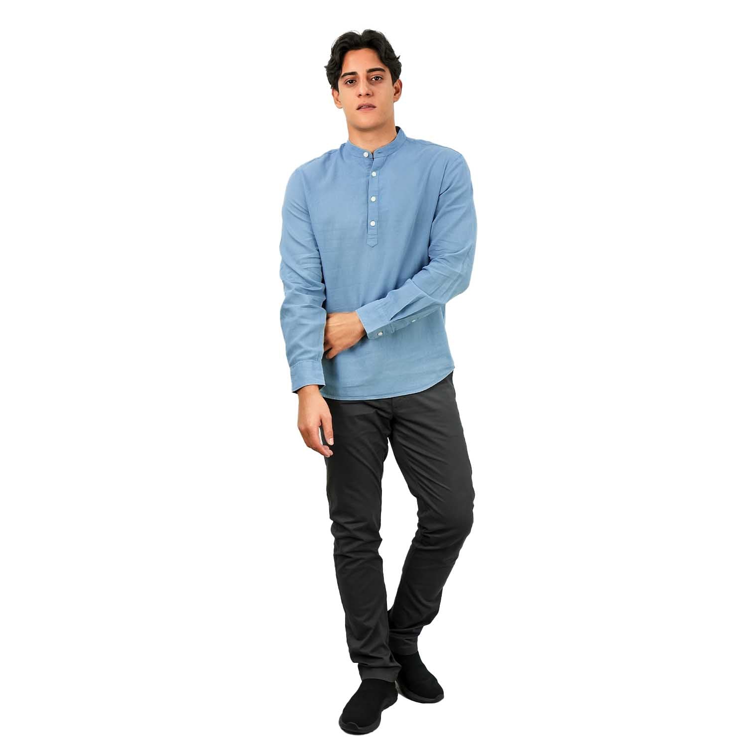 Men's Linen Cotton Poplin Shirt | Slim Fit, Band Collar