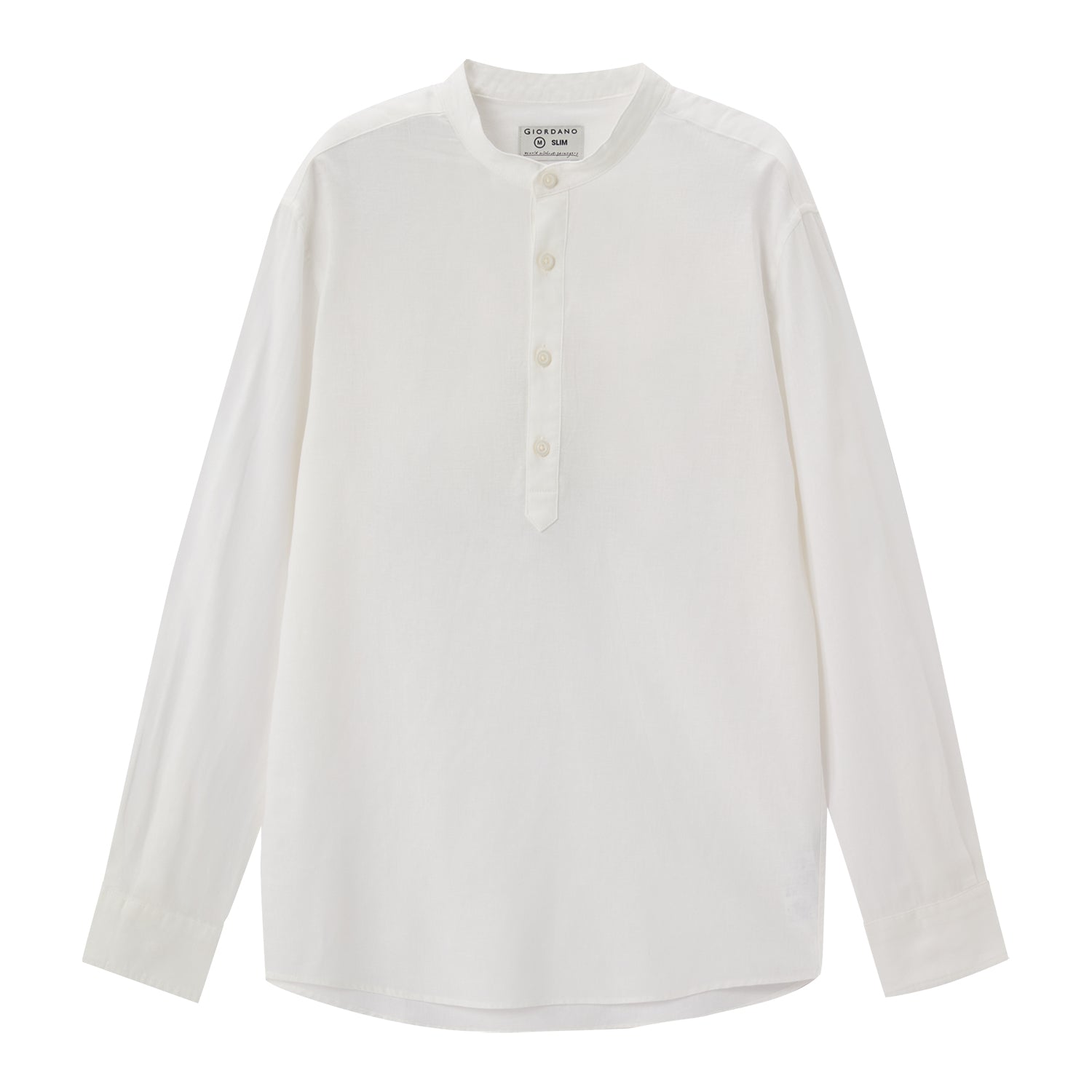 Giordano Men's Linen Cotton Poplin Shirt | Slim Fit, Band Collar-White