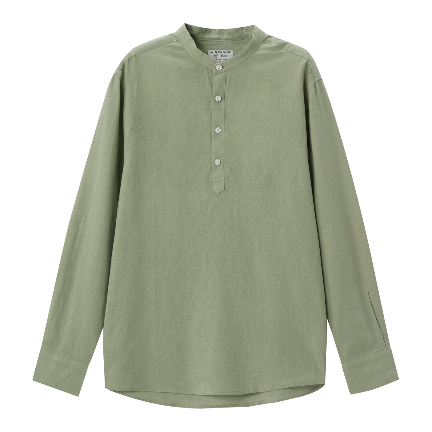 Giordano Men's Linen Cotton Poplin Shirt | Slim Fit, Band Collar-Green