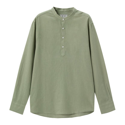 Giordano Men's Linen Cotton Poplin Shirt | Slim Fit, Band Collar-Green