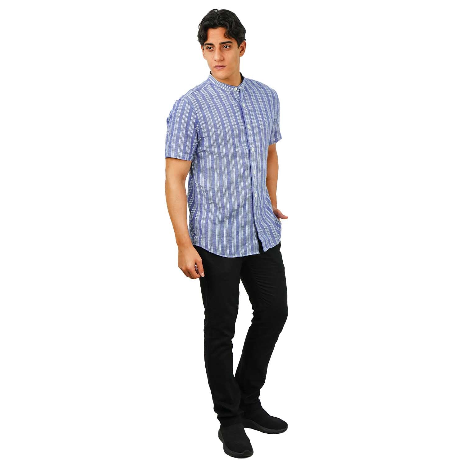 Men's Linen Cotton Poplin Band Collar Shirt | Slim Fit Summer Style