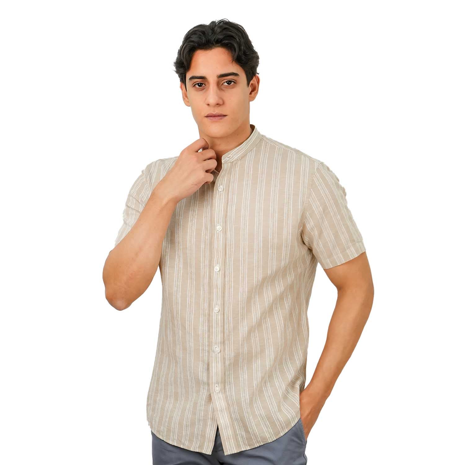 Men's Linen Cotton Poplin Band Collar Shirt | Slim Fit Summer Style