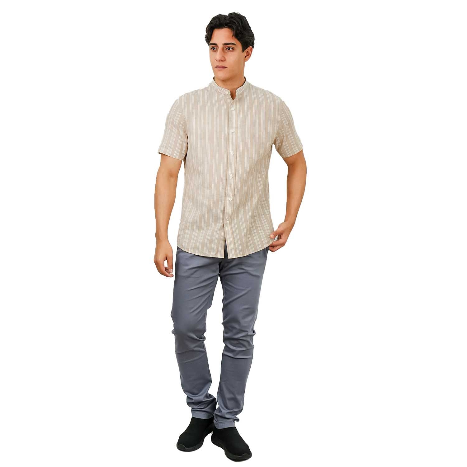 Men's Linen Cotton Poplin Band Collar Shirt | Slim Fit Summer Style