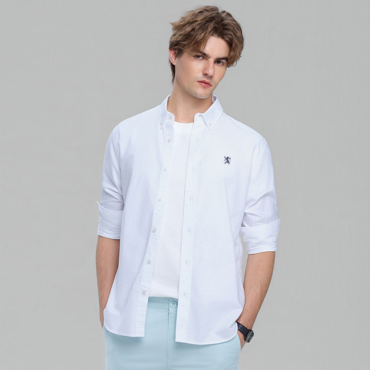 Men Slim Cotton Embroidered Oxford Shirt