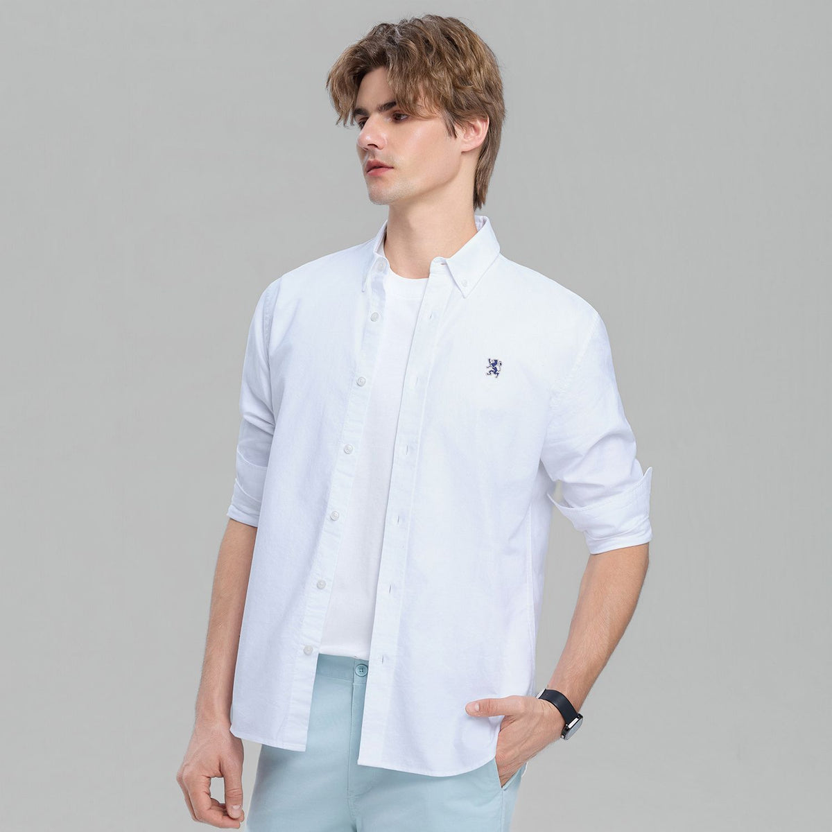 Men Slim Cotton Embroidered Oxford Shirt