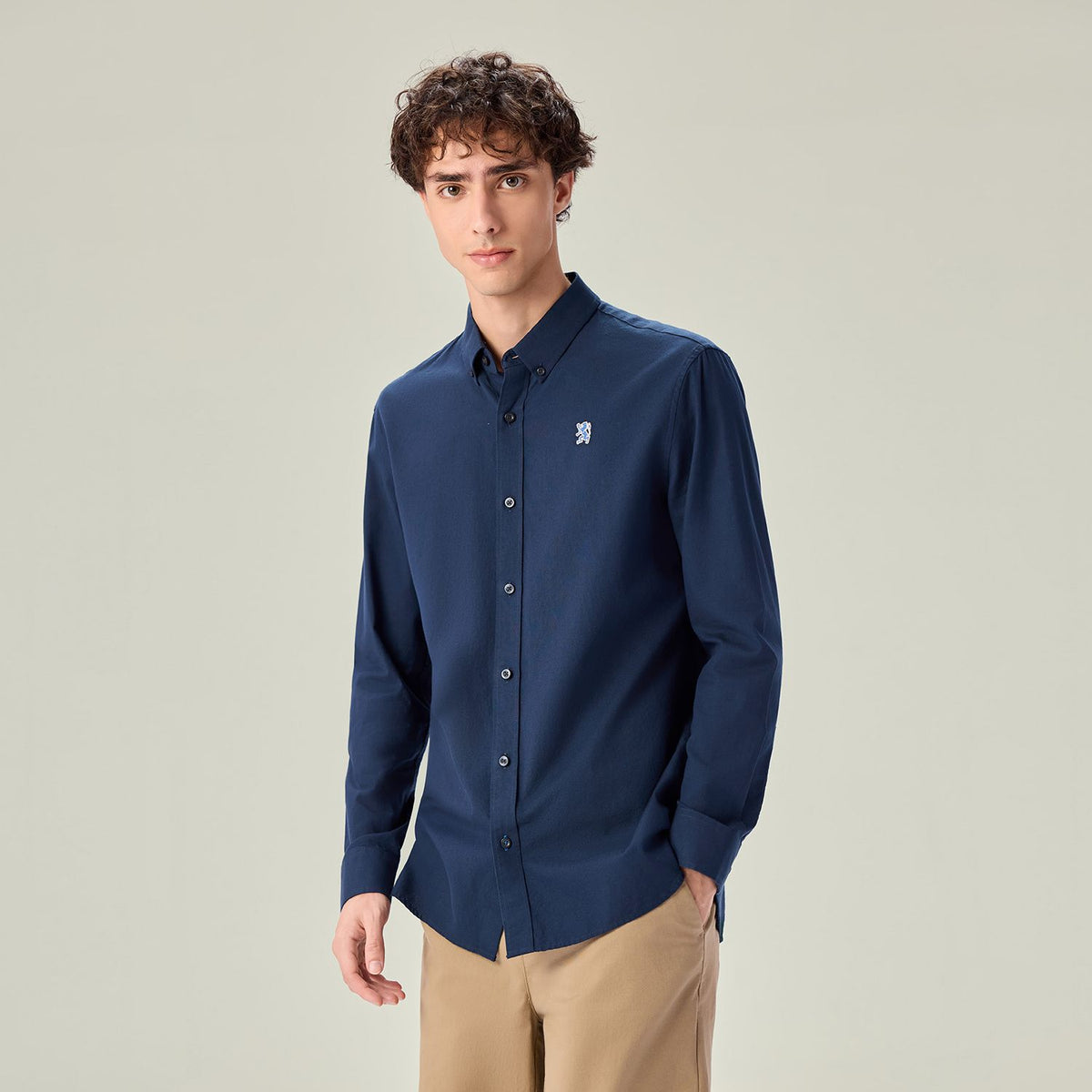 Men Slim Cotton Embroidered Oxford Shirt