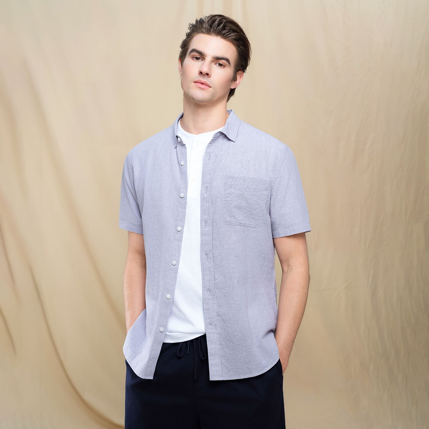 Men's Slim Linen Cotton Short-Sleeve Shirt