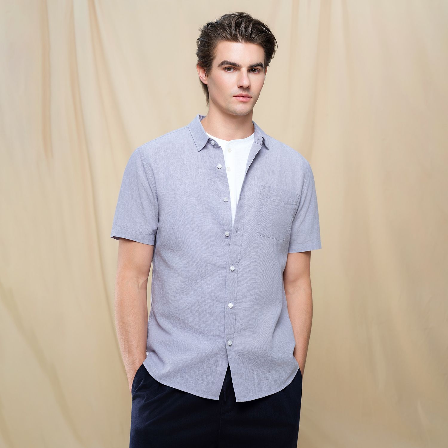 Men's Slim Linen Cotton Short-Sleeve Shirt