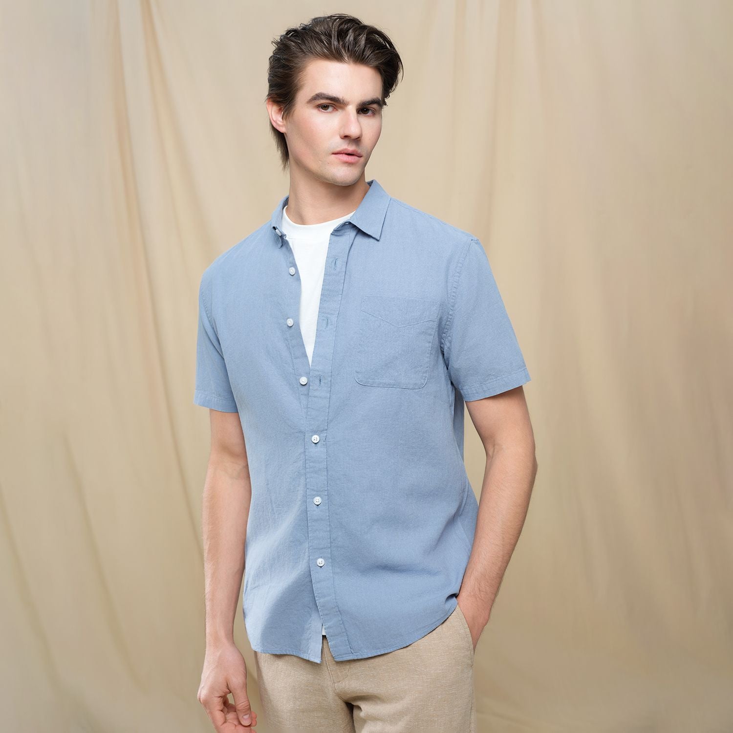 Men's Slim Linen Cotton Short-Sleeve Shirt
