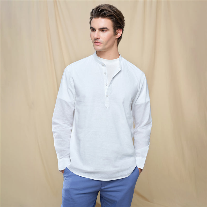 Men's Slim Linen Cotton Band Collar Shirt
