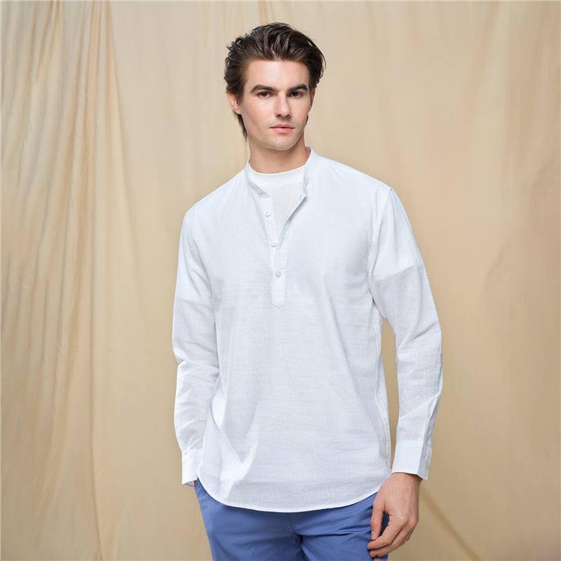 Men's Slim Linen Cotton Band Collar Shirt