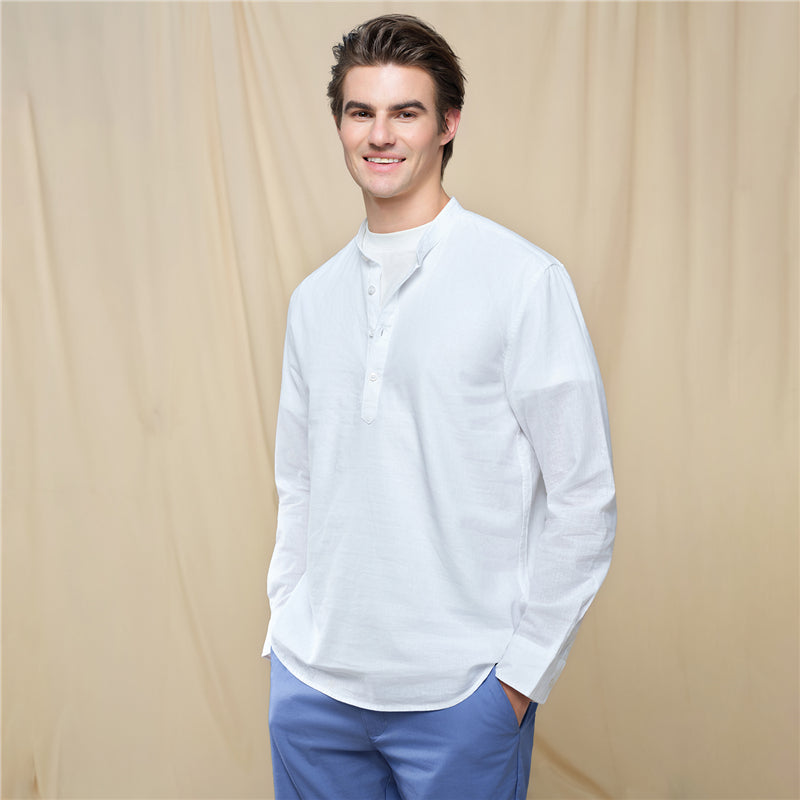 Men's Slim Linen Cotton Band Collar Shirt