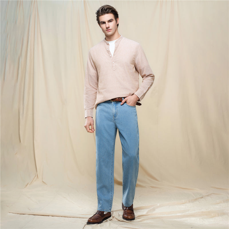 Men's Slim Linen Cotton Band Collar Shirt