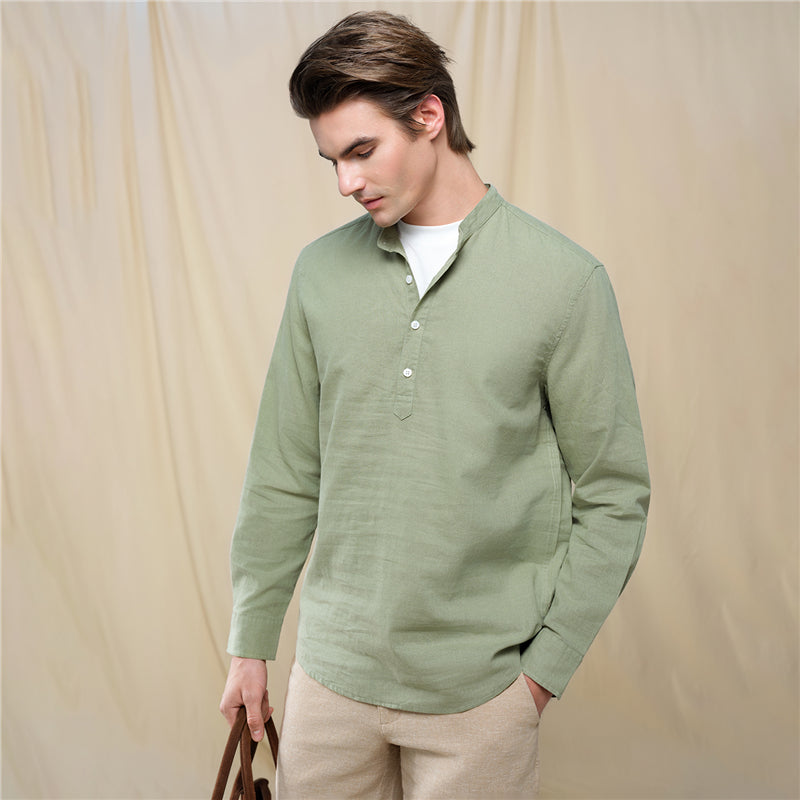 Men's Slim Linen Cotton Band Collar Shirt