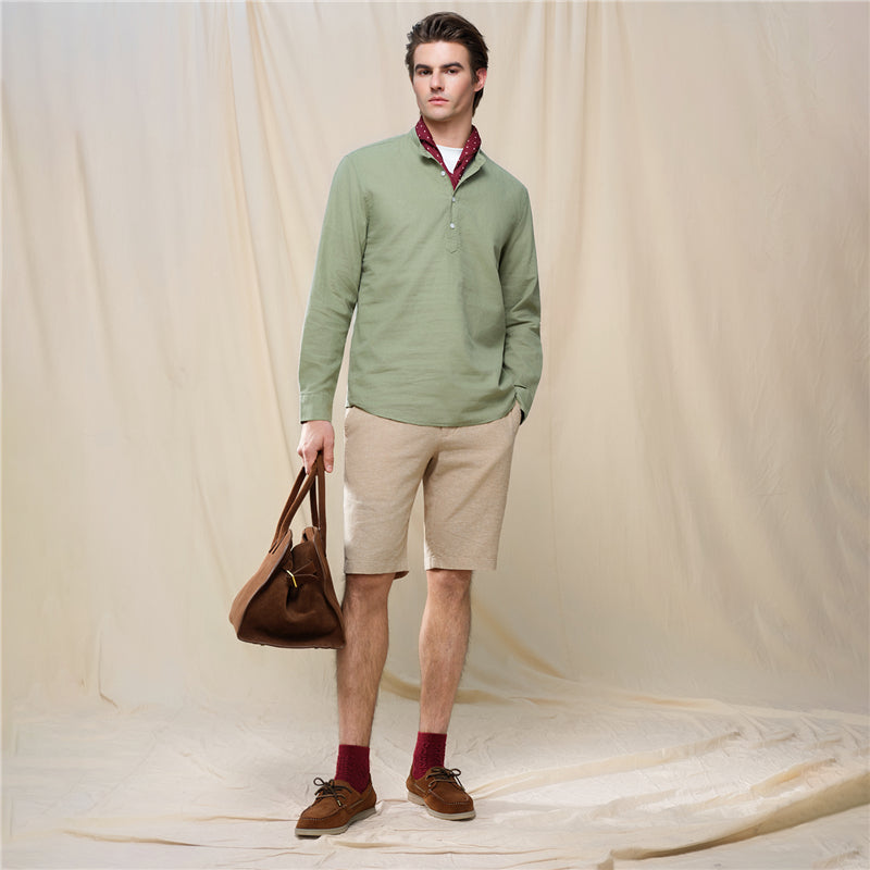 Men's Slim Linen Cotton Band Collar Shirt