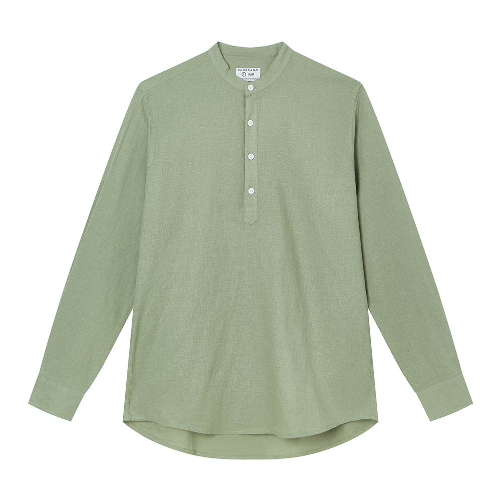 Men's Slim Linen Cotton Band Collar Shirt