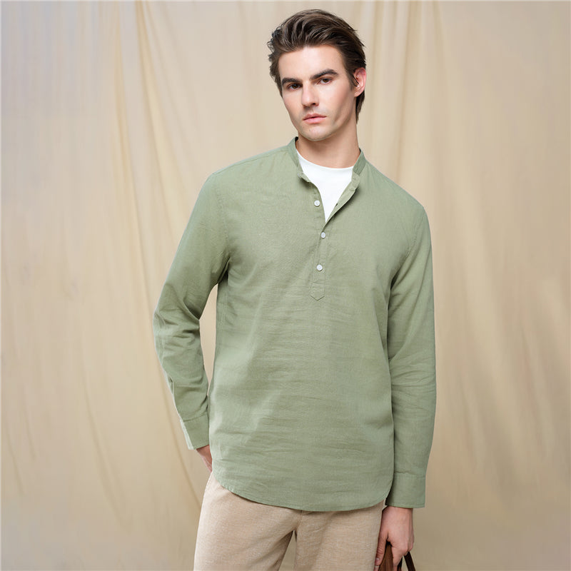 Men's Slim Linen Cotton Band Collar Shirt