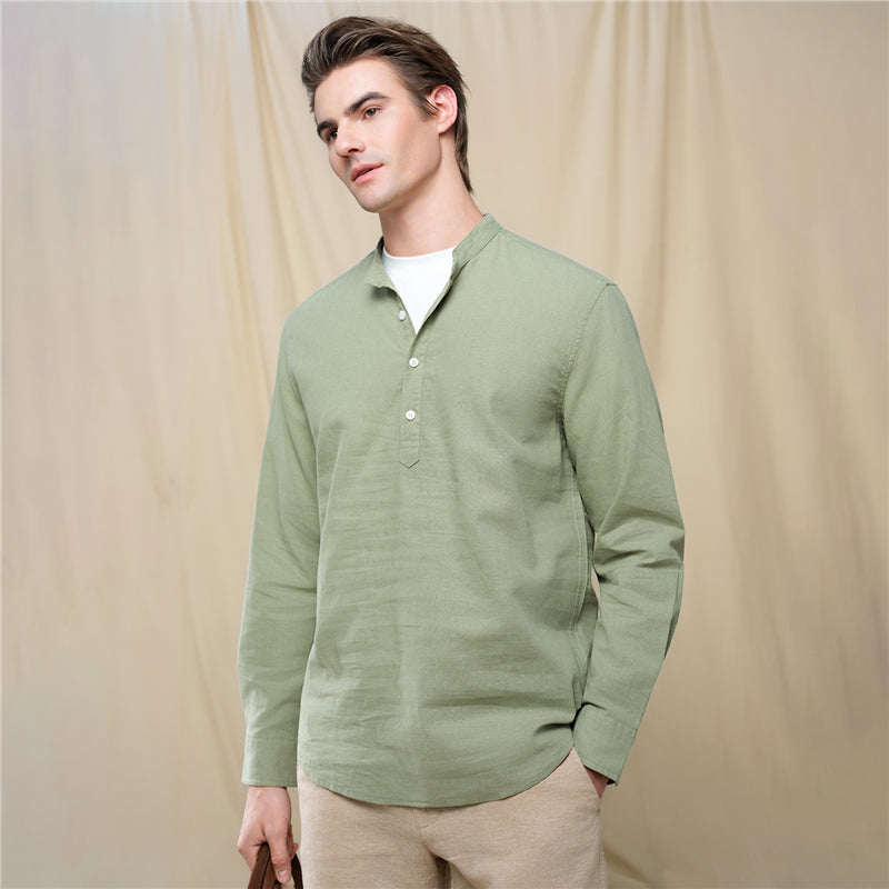 Men's Slim Linen Cotton Band Collar Shirt