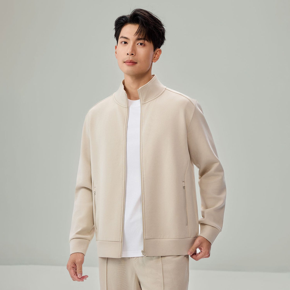 Men Slim Double Knit Full Zip Jacket
